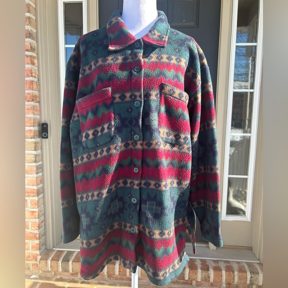 Vintage 90s Aztec Southwestern Print Fleece Button Shacket Jacket Details S M